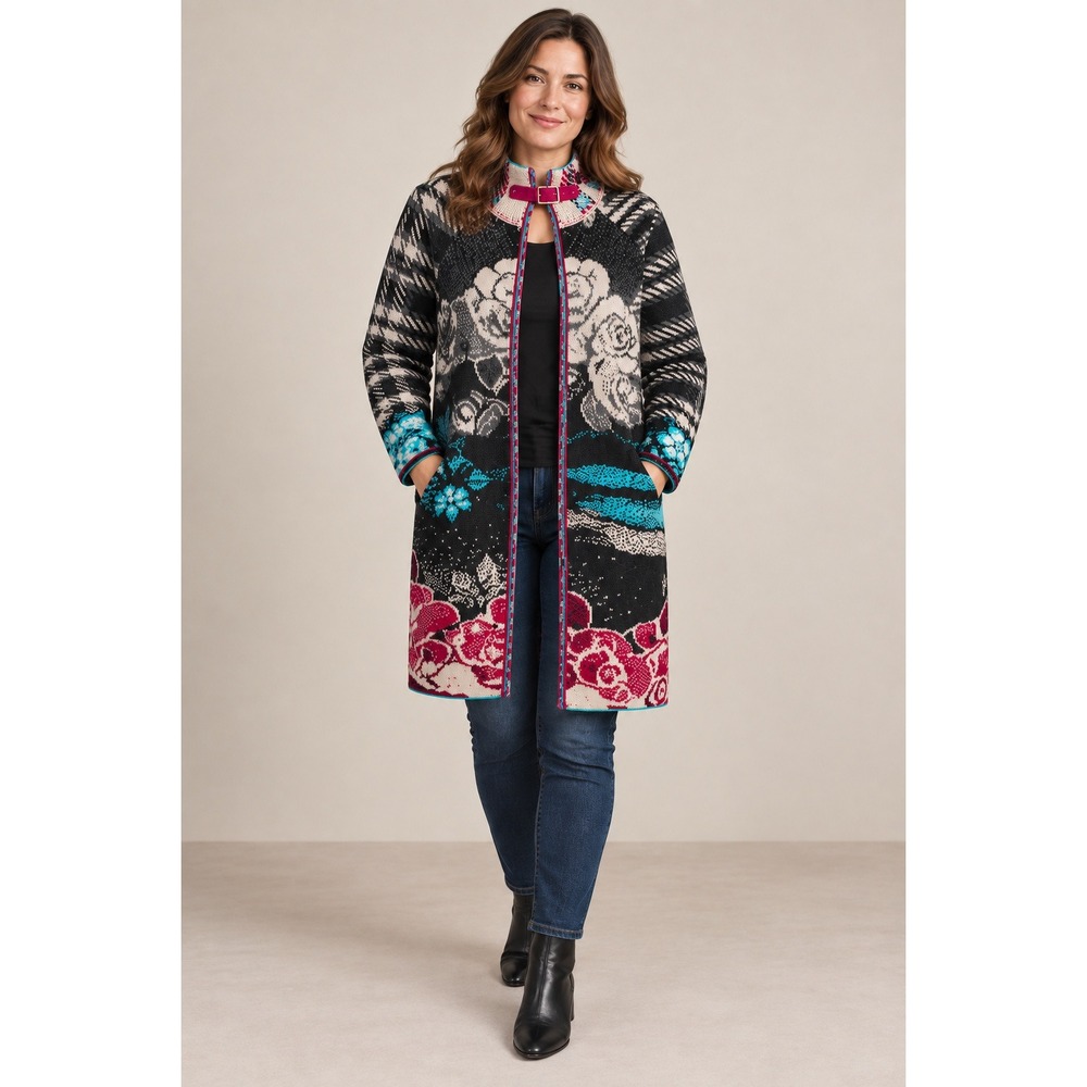 IVKO 100% Wool Cardigan Coat Women 10 (EU40)  Multicolor Floral Boho Winter Arts